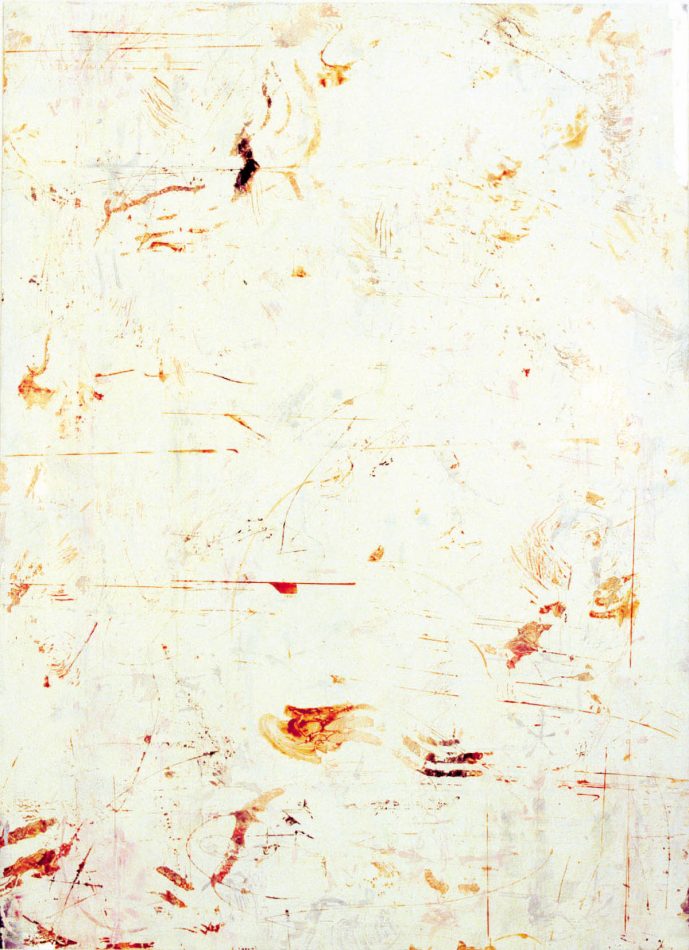 e.o.s. I, 2001, Lack, Acryl und Tusche auf Aluminium, 103 x 75 cm